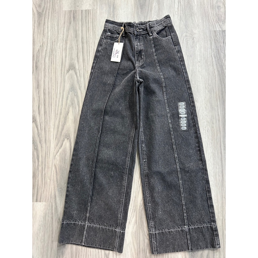 New In Wide Leg Seam Detail‎ Pants Washed Black Contrast Stitch Small NEW